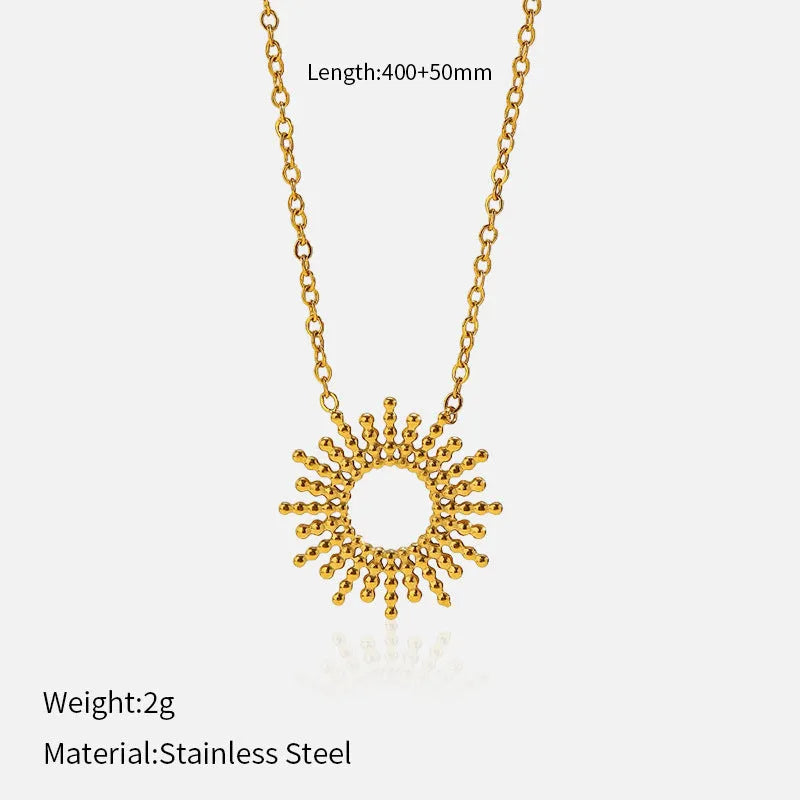 Gold plated stainless steel sunflower necklace and bracelet set with geometric chain design for women