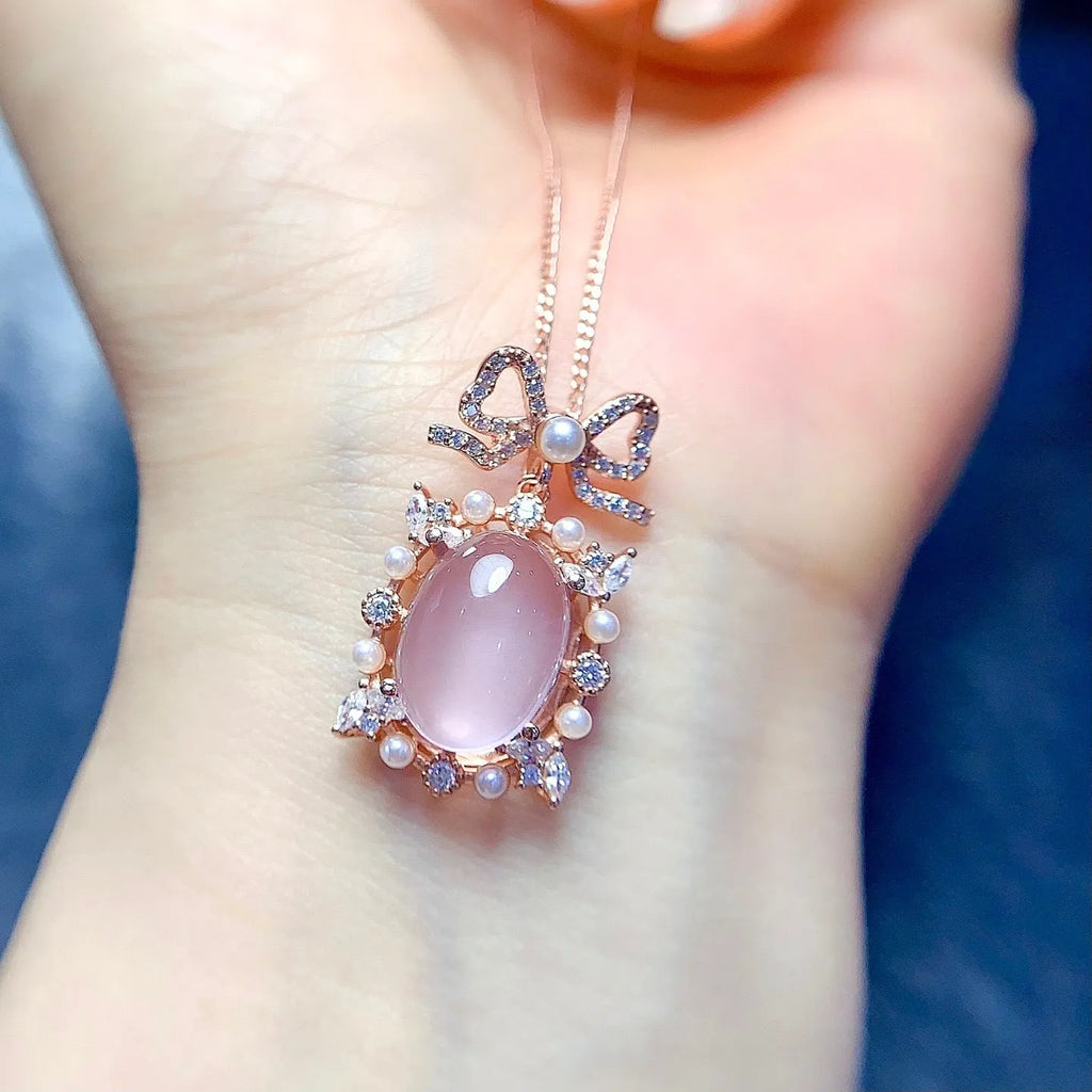 Geometric rose quartz pendant on 925 silver chain with rose gold plating