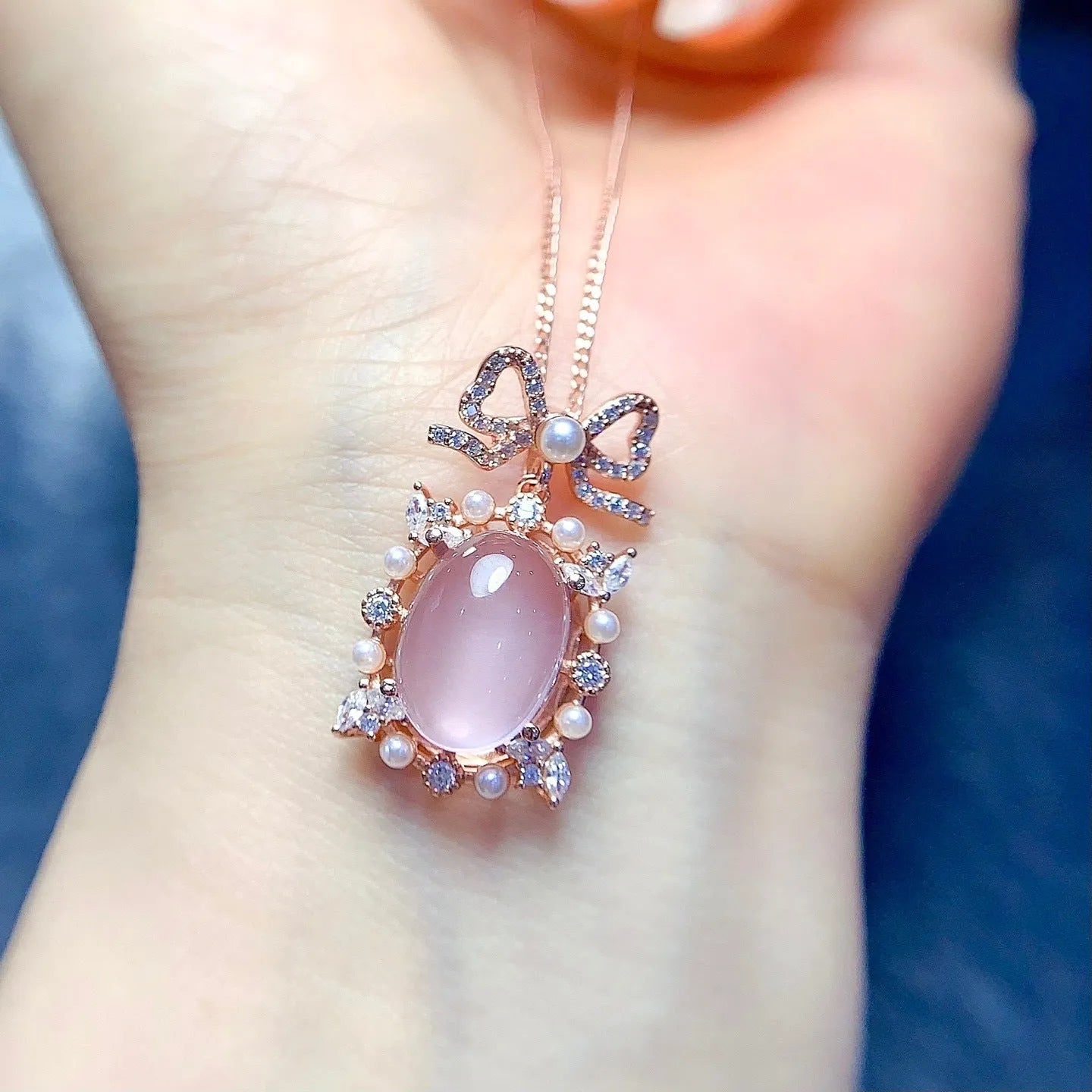 Geometric rose quartz pendant on 925 silver chain with rose gold plating
