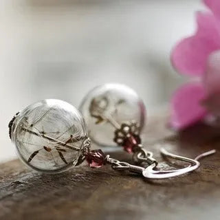 Transparent glass ball earrings with dandelion seed design on a French hook in silver finish.