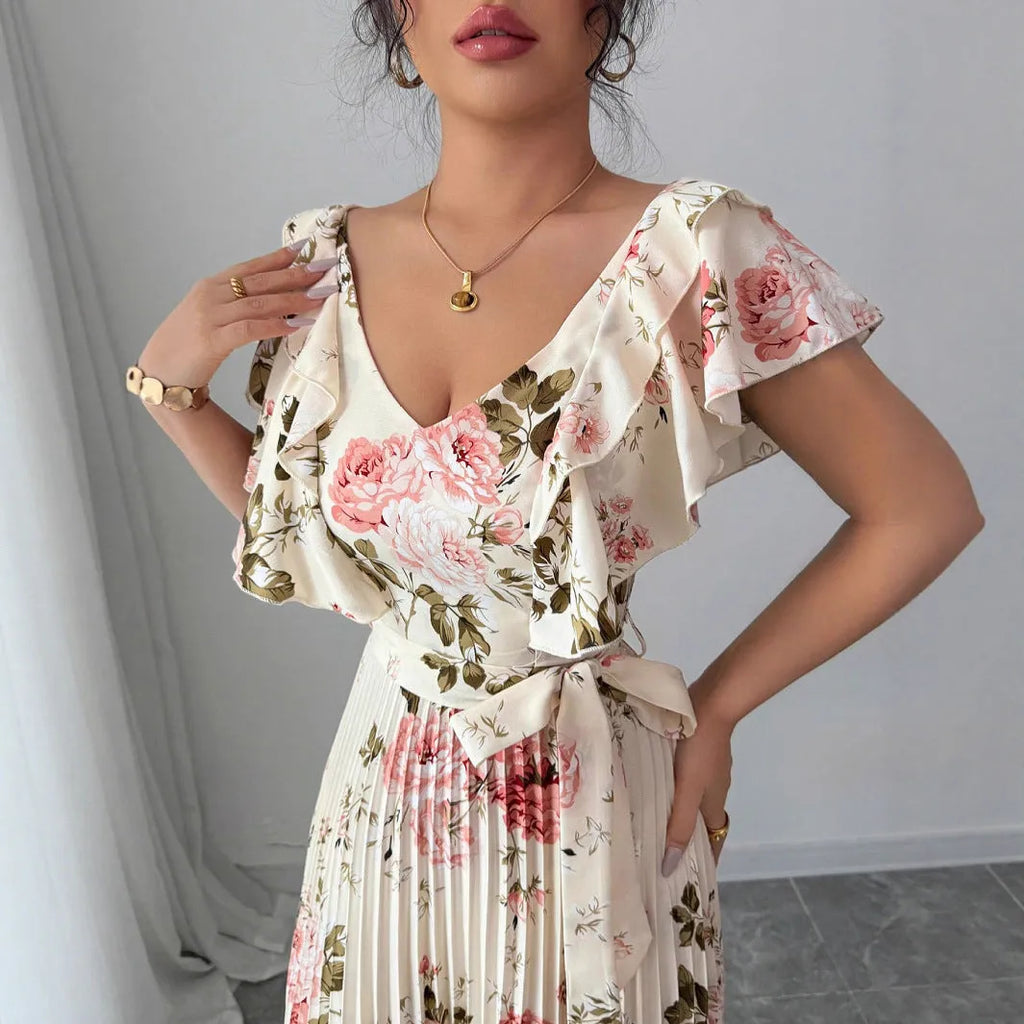 Apricot floral print dress with V-neck, ruffled sleeves and oversized swing skirt