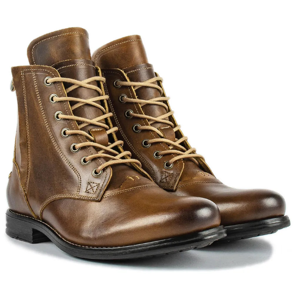 Knight Series black leather boot with side zipper and low heel on a plain background.