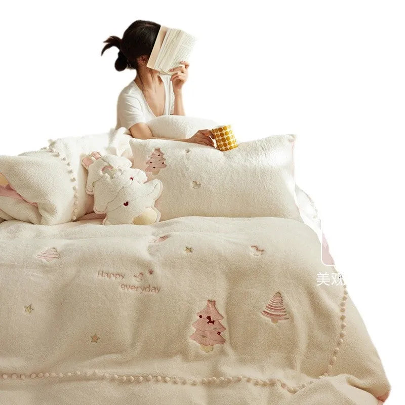 Milk fibre four-piece bedding set with green Christmas tree pattern showing fitted sheet, quilt cover and pillowcase