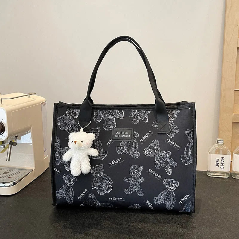 Women's large capacity canvas tote bag with rhombus pattern in black colour option