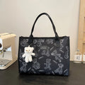 Women's large capacity canvas tote bag with rhombus pattern in black colour option