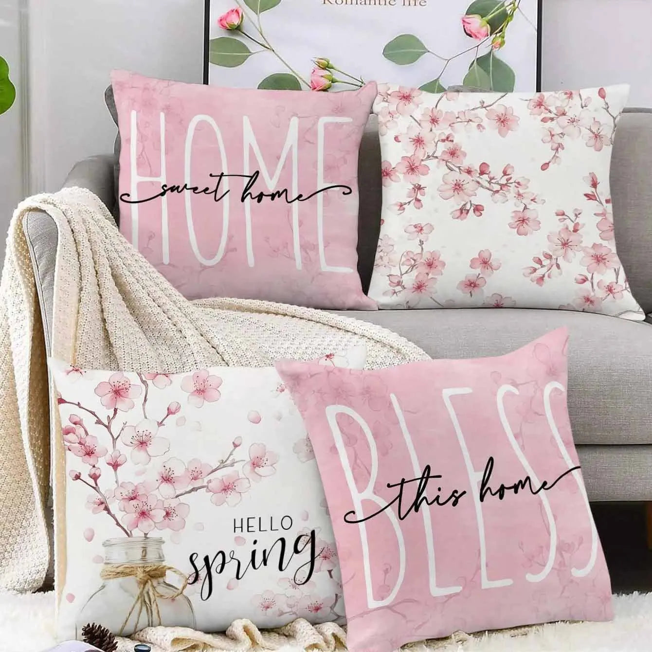 Square cherry blossom letter cushion cover with short velvet fabric in spring colour options