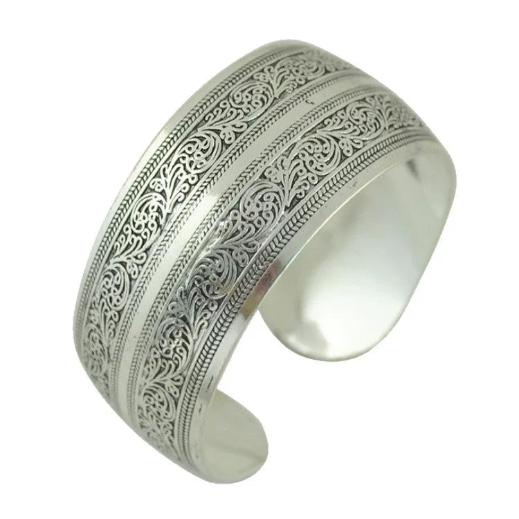 Ethnic Miao silver carved open bracelet with Roman shape design in alloy construction