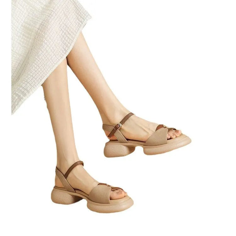 Women's chunky heel platform sandals with open toe design in renewable leather, khaki colour
