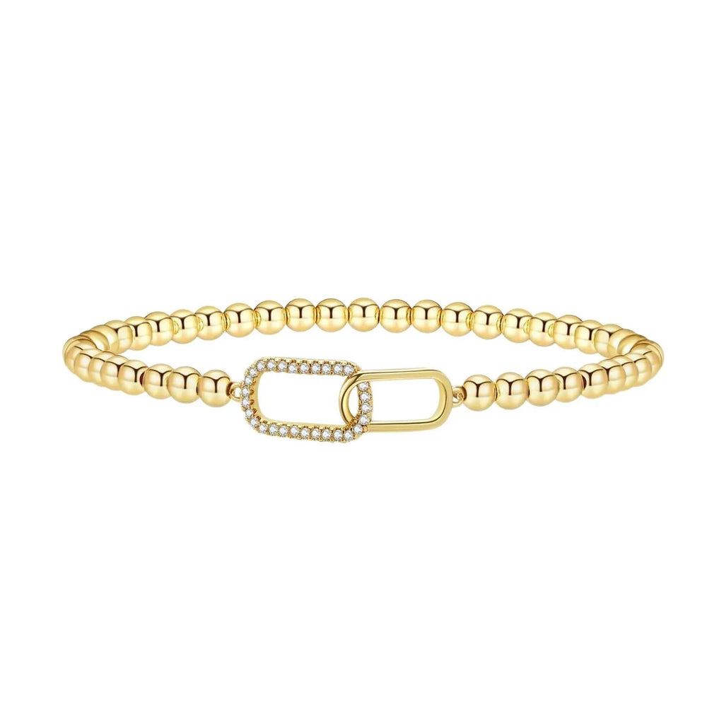 Women's adjustable stainless steel beaded bracelet in a geometric design with round accents.