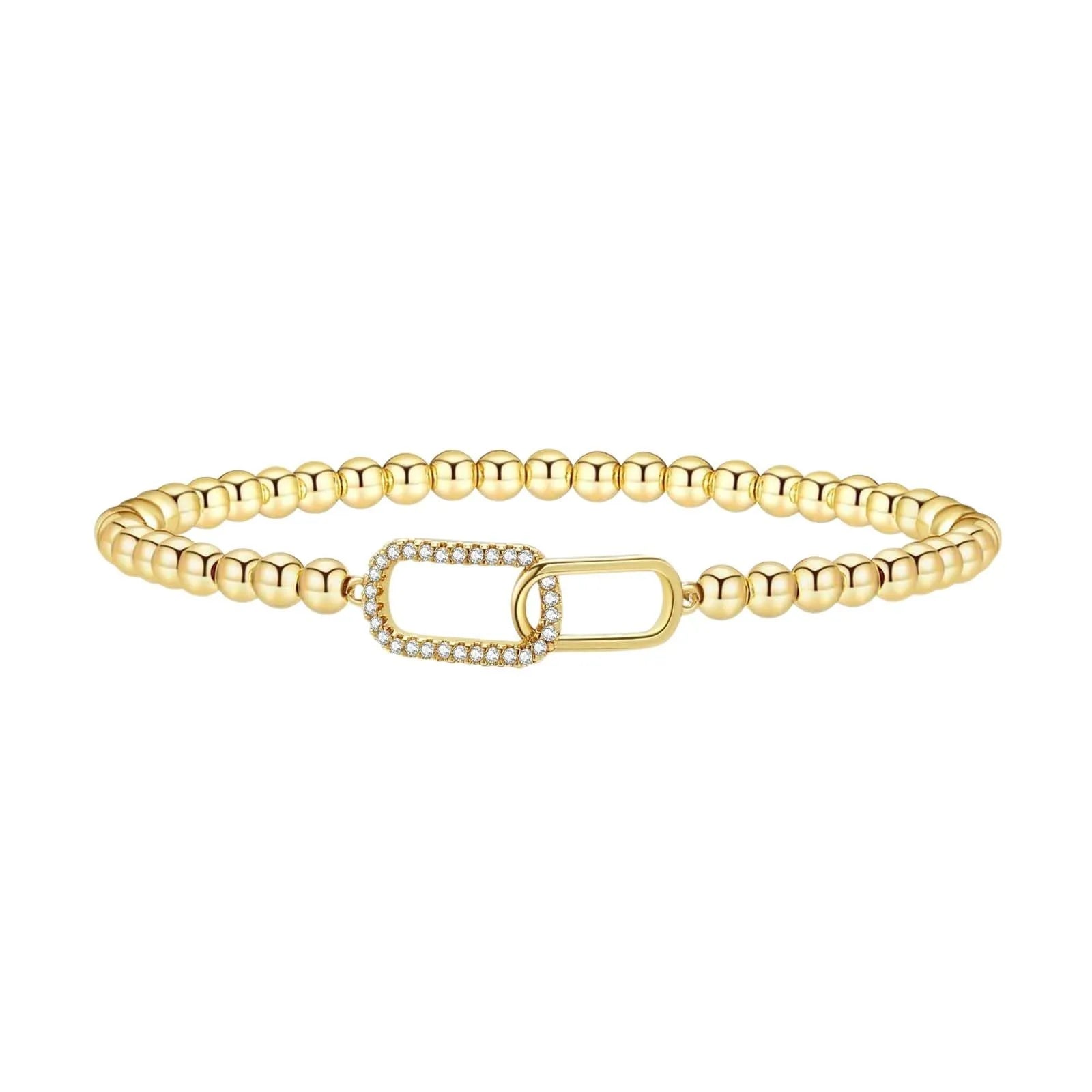 Women's adjustable stainless steel beaded bracelet in a geometric design with round accents.