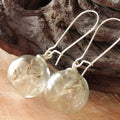 Transparent glass ball earrings with dandelion seed design on a French hook in silver finish.