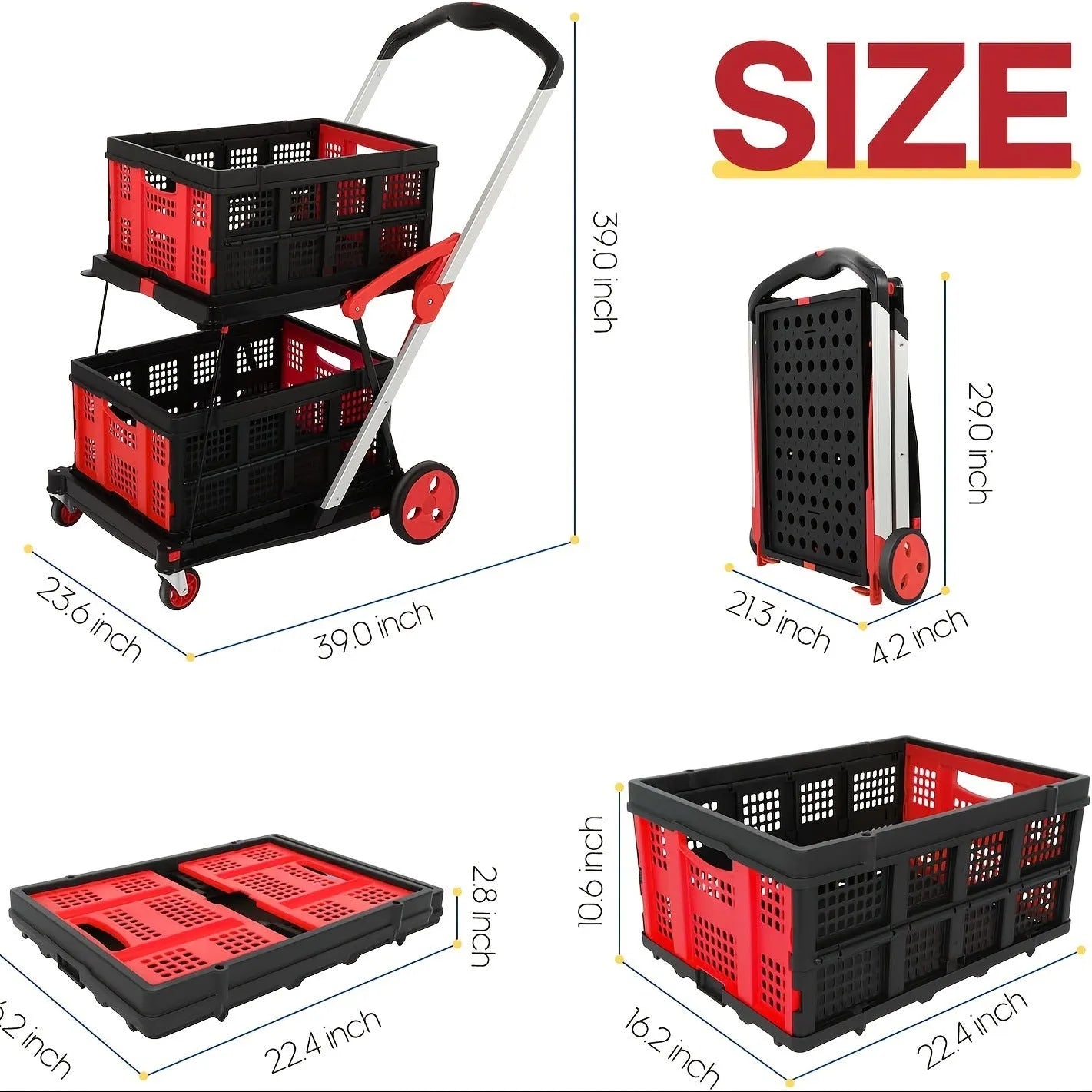 Foldable plastic shopping cart with double-layer basket in blue, purple, pink, or red colour options