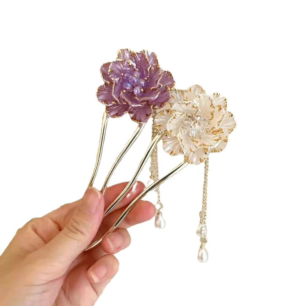 Purple and white peony flower U-shaped hairpin with tassel design on alloy barrette