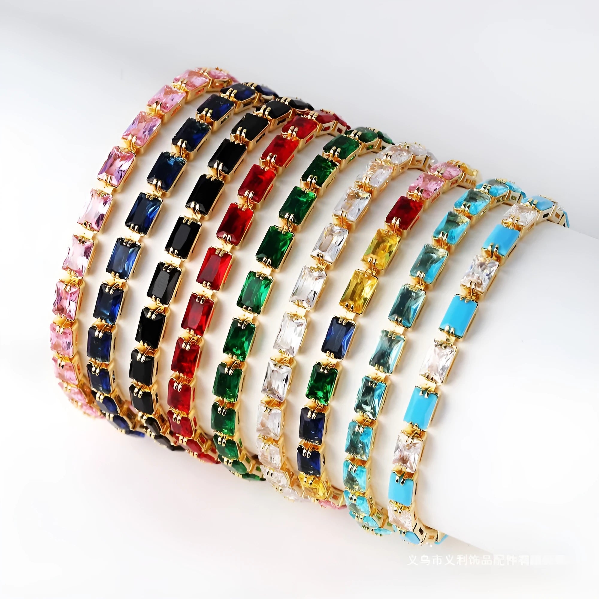 Gold or platinum electroplated women's bracelet with coloured zircon stones in ins style.