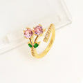 Copper open mouth ring with micro inlaid leaf geometric pattern and gold plating