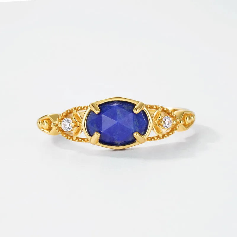 Japanese style geometric silver ring with blue lapis lazuli stone ellipse design