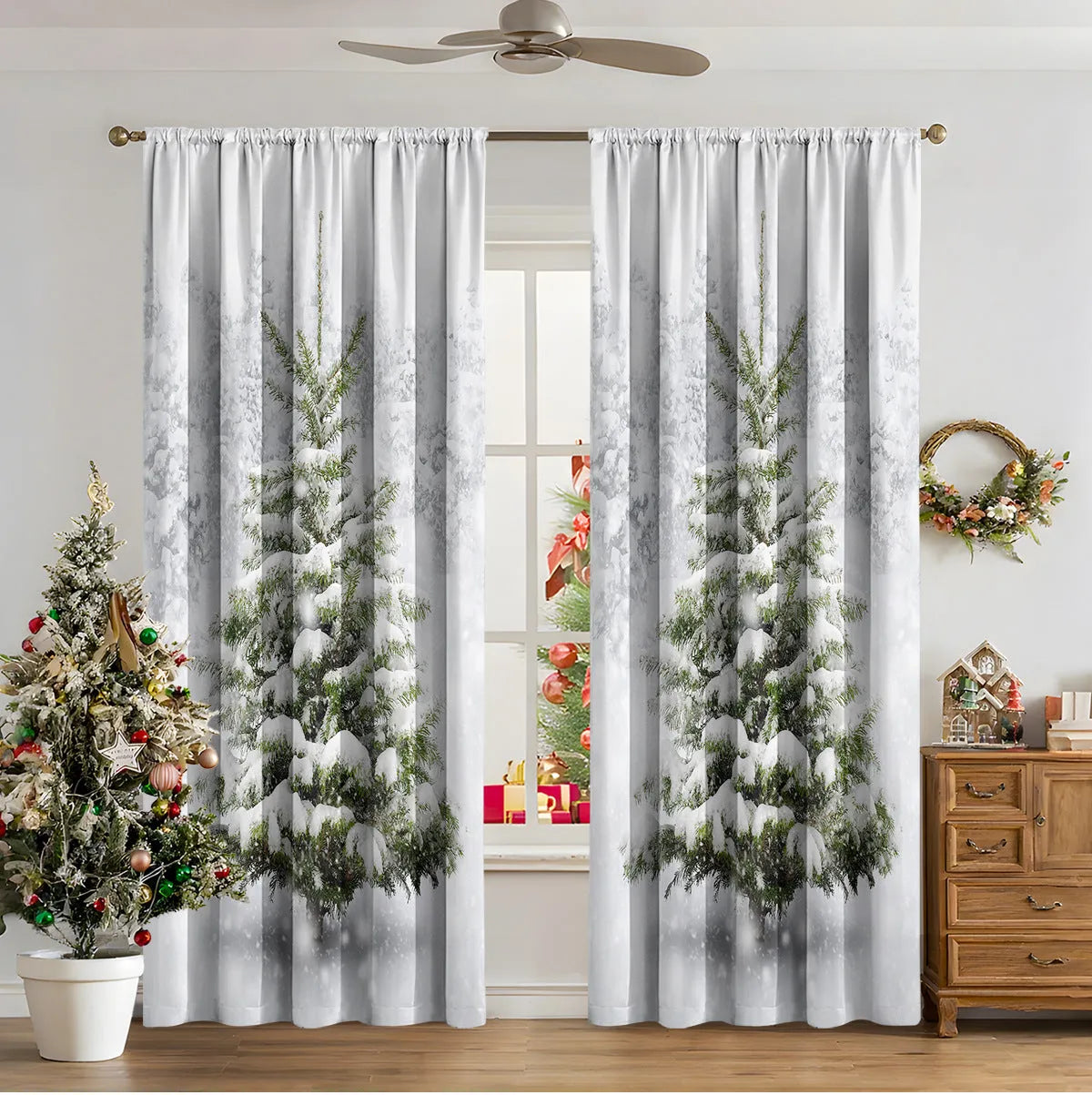 3D digital printed Christmas curtains in polyester fabric with festive patterns