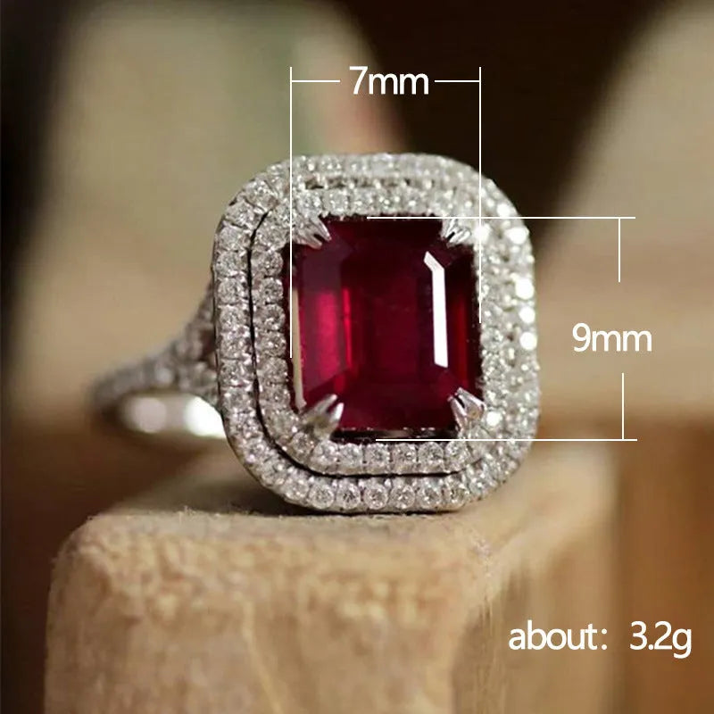 Copper square princess ring with red rhinestones, shown in size selection.