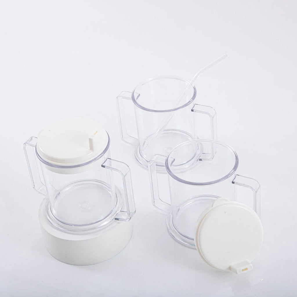 Transparent solid colour spill-proof drinking cup made from lightweight PP material.