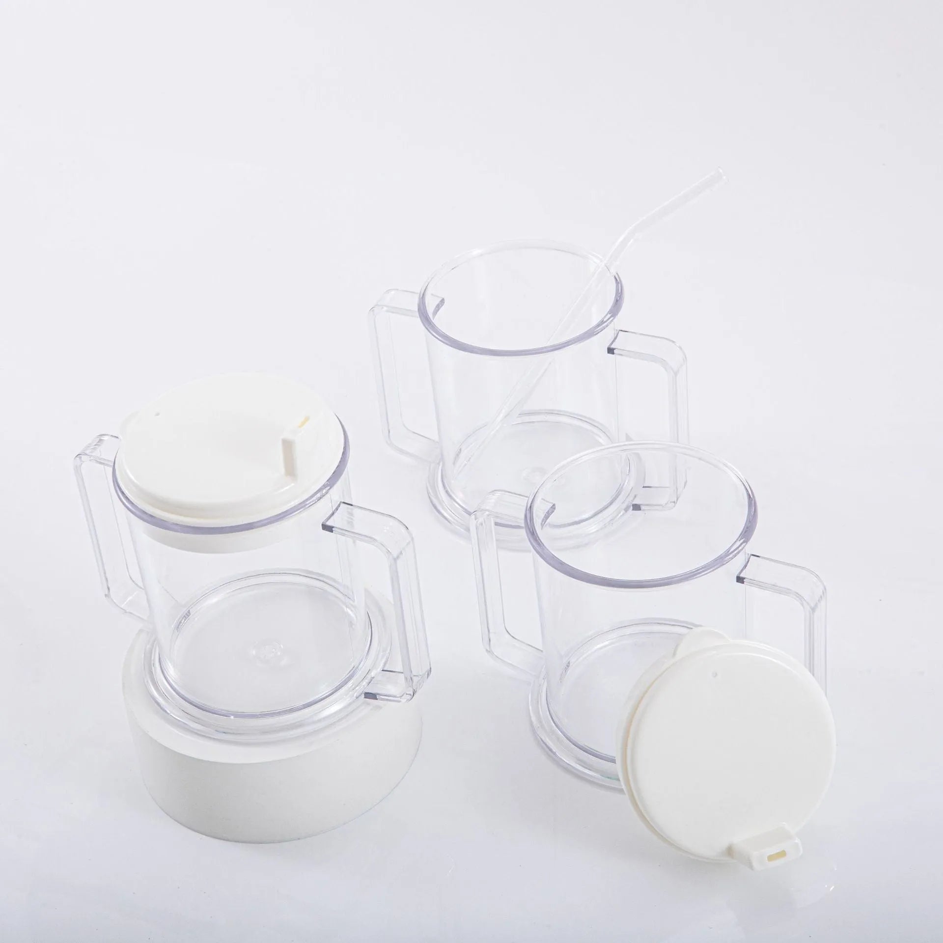 Transparent solid colour spill-proof drinking cup made from lightweight PP material.