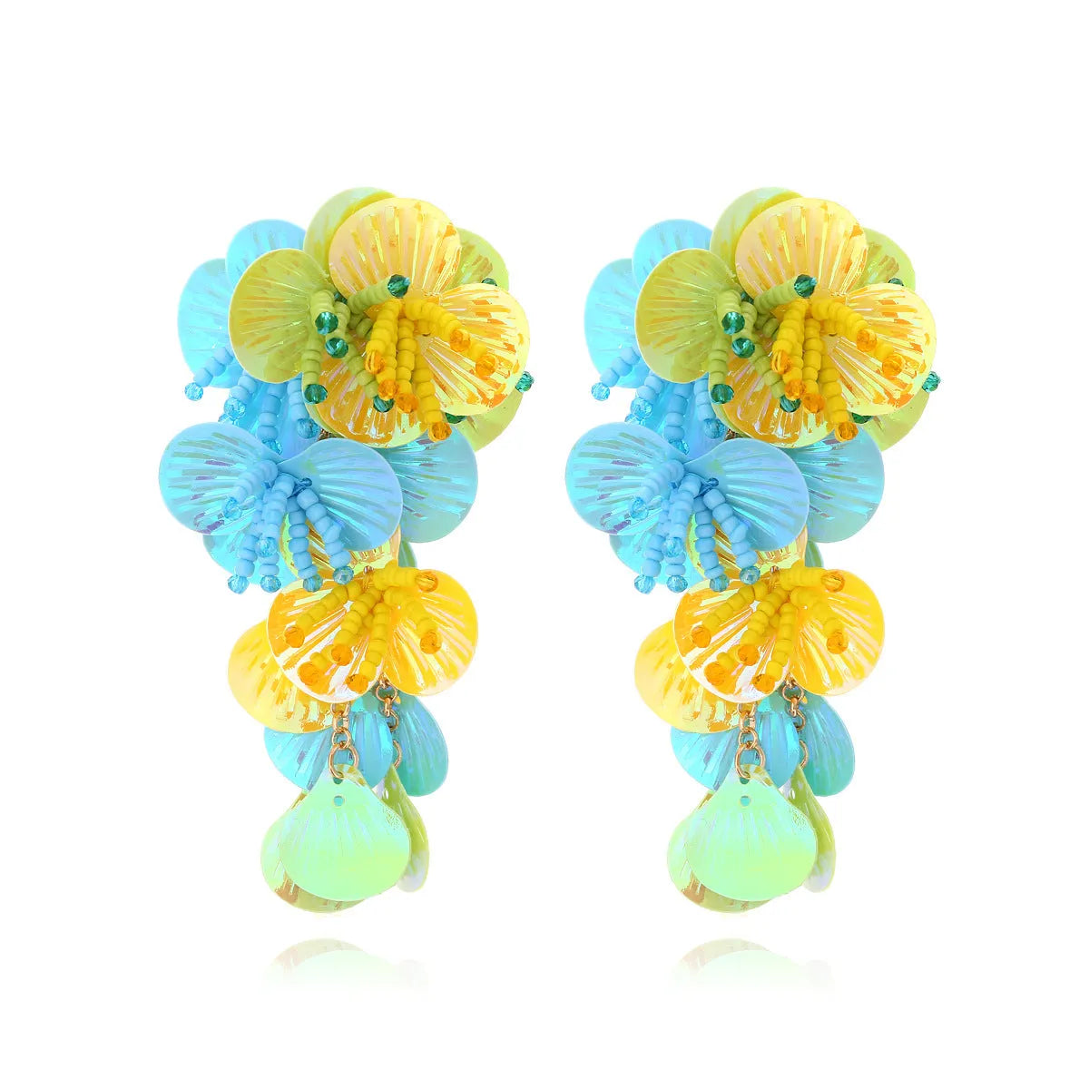 Handmade colourful string bead flower earrings with exaggerated floral leaf design in dopamine style.