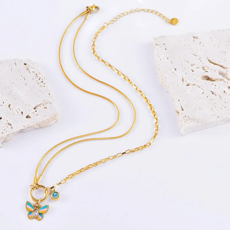 Gold titanium steel butterfly necklace and bracelet set with snake bone chain