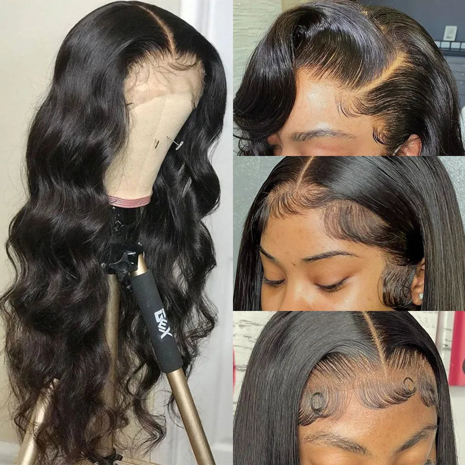 Black synthetic front lace wig with long curly hair and side bangs.