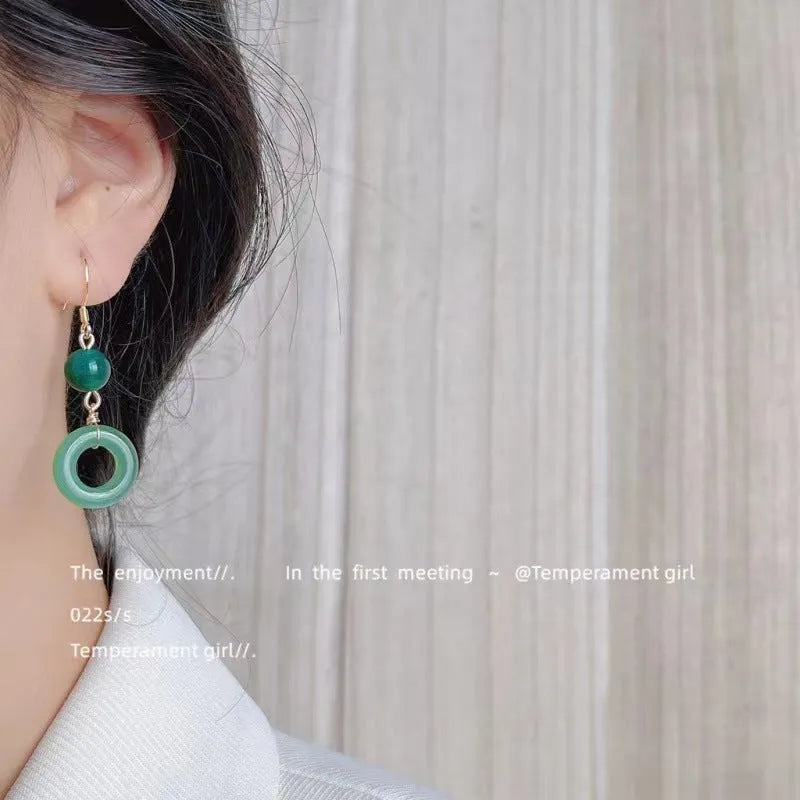 Green jade design peace buckle shape cheongsam earrings with zinc alloy construction