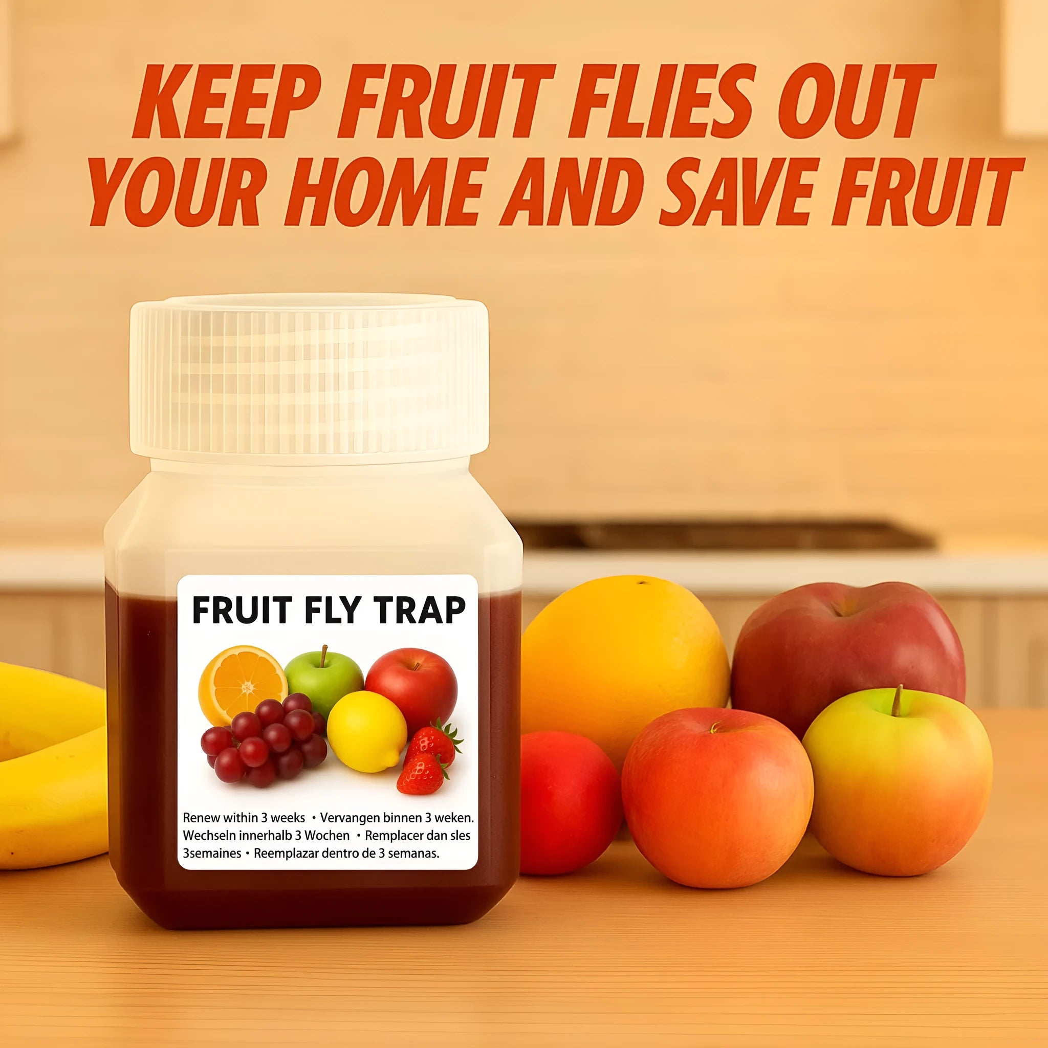 Bottle of SK003 fruit fly bait liquid for use in insect traps.