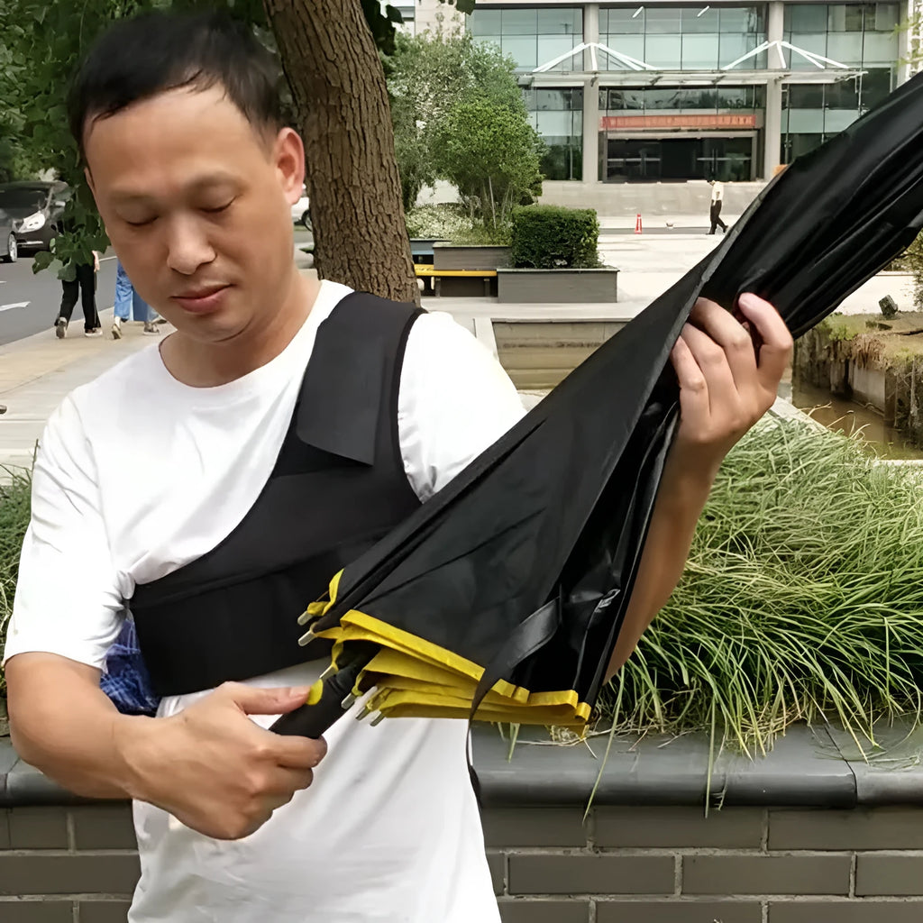 Black portable umbrella holder with fixed shoulder strap for 10-bone manual umbrellas on a mannequin.