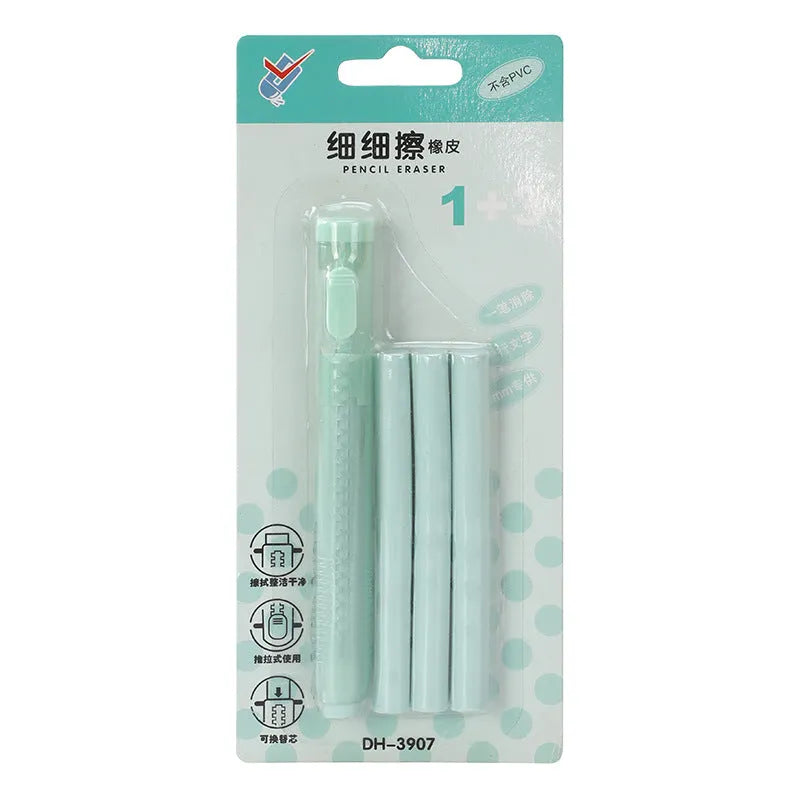 Push type traceless automatic eraser for children in blue, green, pink, purple colours