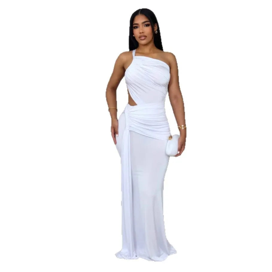Women's solid colour long one shoulder pleated dress in milk silk polyester fabric.