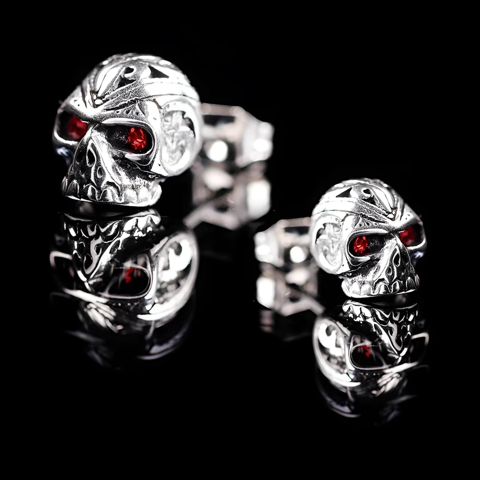 Retro skull stud earrings with red eye detailing and alloy artificial gemstone inlay