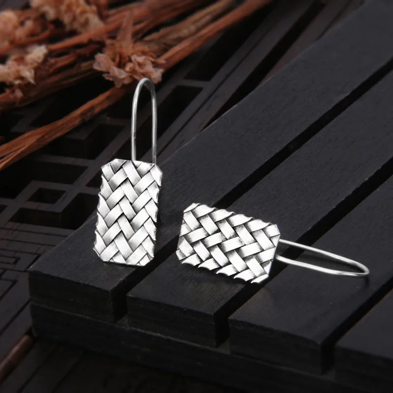 Geometric woven diamond plaid earrings in silver tone with 17.5mm height