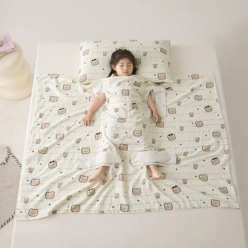 Anti-kick summer blanket in a themed colour like Cloud Bear Star Dream, shown with a matching pillowcase.