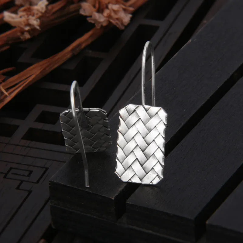 Geometric woven diamond plaid earrings in silver tone with 17.5mm height