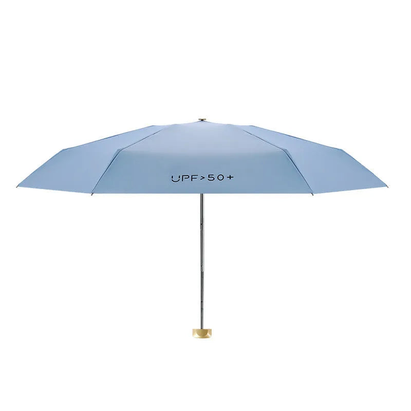 Five-fold mini pocket sun umbrella with rubber handle shown in open position