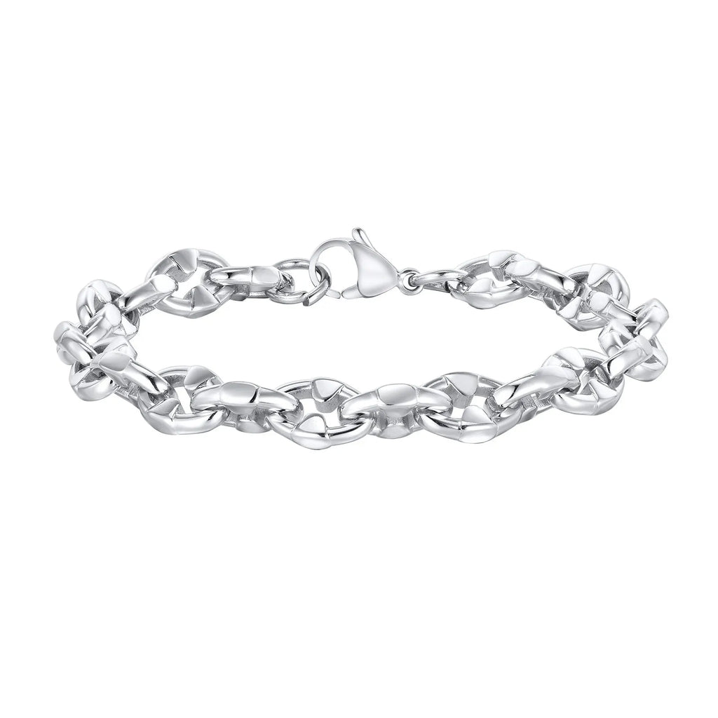 Men's stainless steel geometric link chain bracelet showing thick handmade construction
