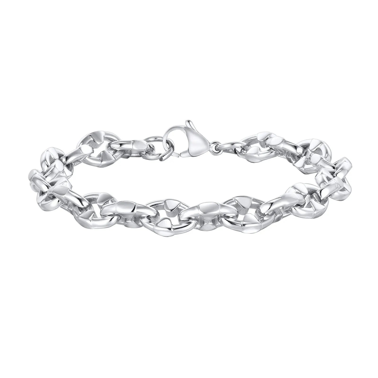 Men's stainless steel geometric link chain bracelet showing thick handmade construction