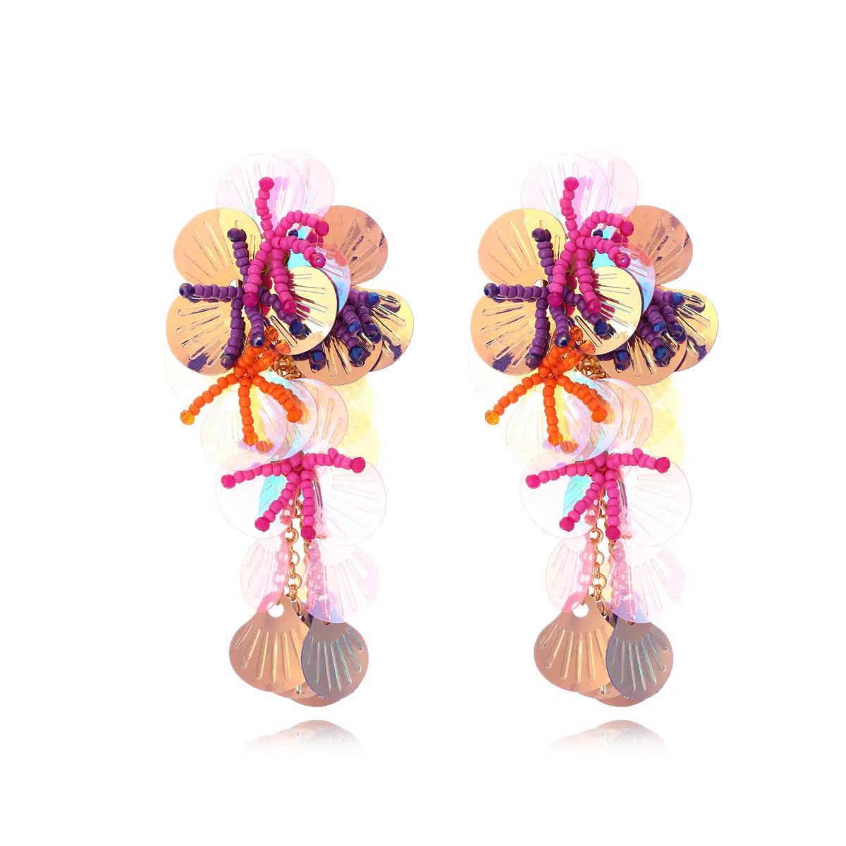 Handmade colourful string bead flower earrings with exaggerated floral leaf design in dopamine style.