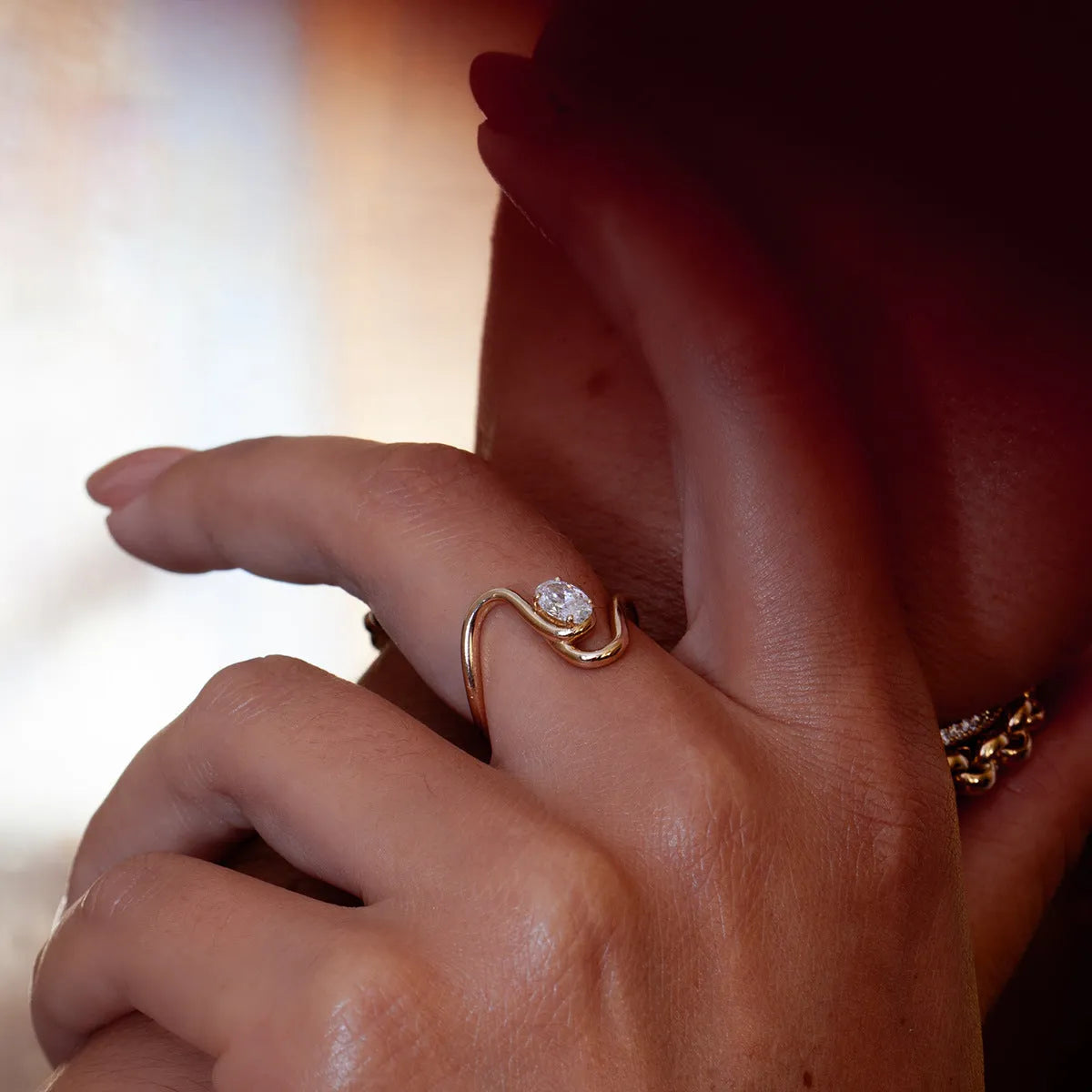 Titanium steel zircon ring with geometry shape on a hand, showing no-fading finish.