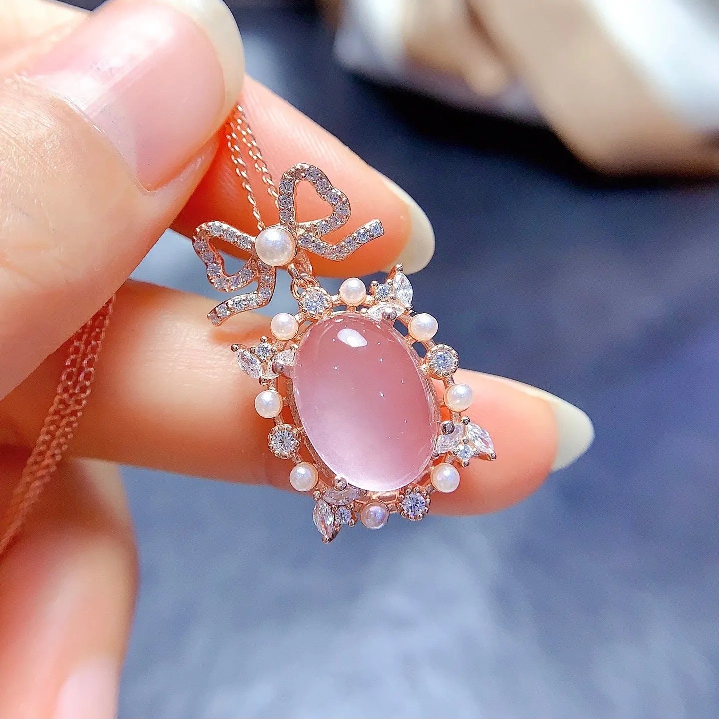 Geometric rose quartz pendant on 925 silver chain with rose gold plating