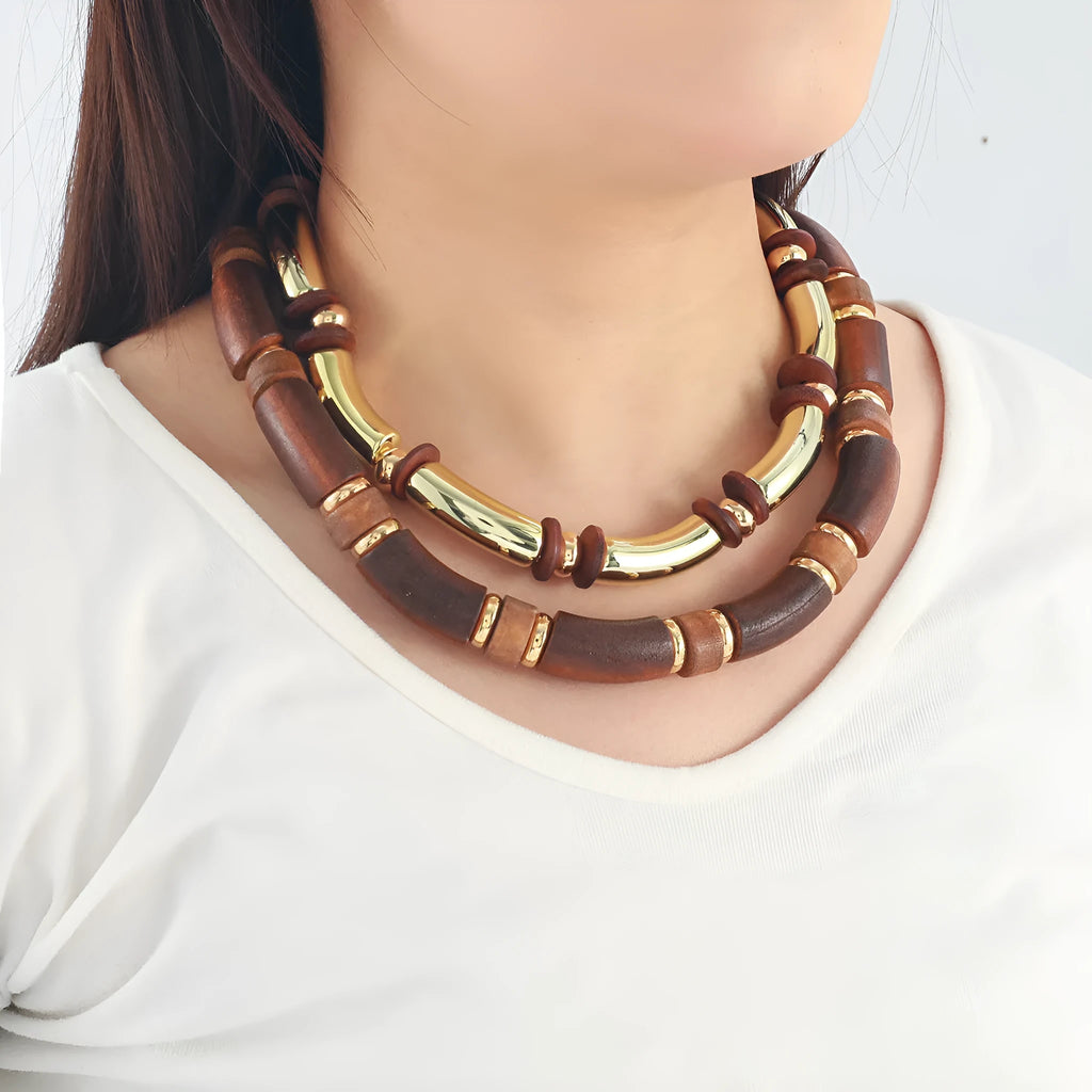 Women's exaggerated multi-layer wooden necklace and bracelet set in alloy with round pendant design