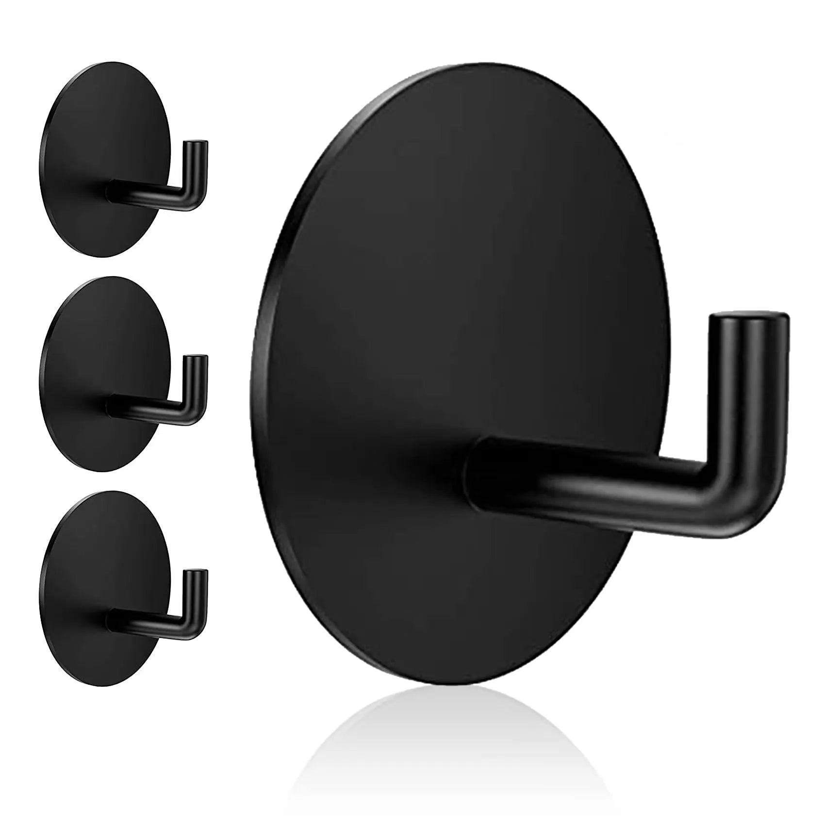Two stainless steel self-adhesive wall hooks, one black and one polished, on a white background.