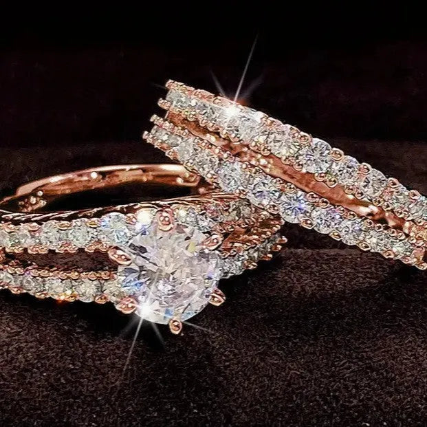 Women's 2-in-1 fully jewelled ring set in geometric round design with diamond treatment on alloy