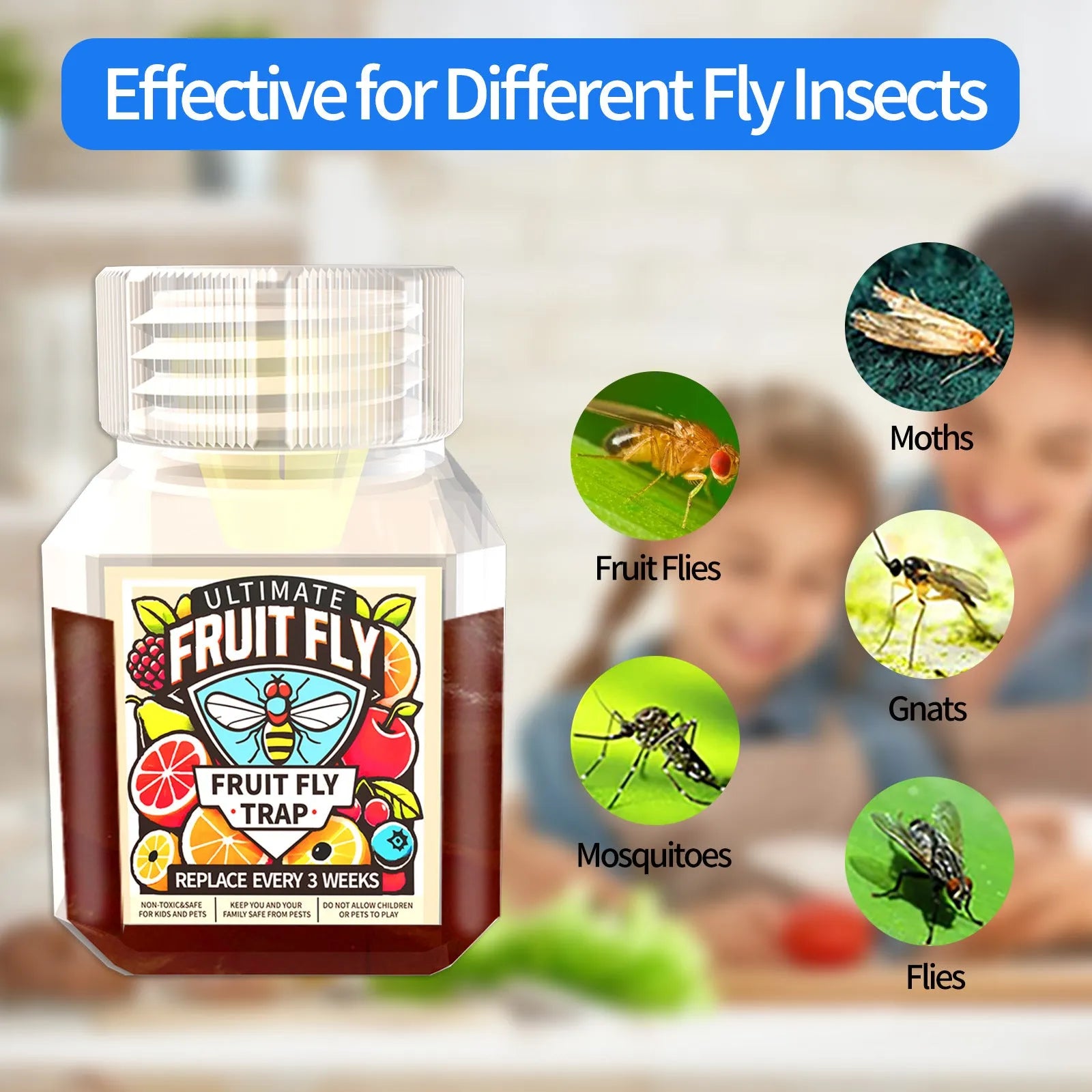Bottle of SK003 fruit fly bait liquid for use in insect traps.