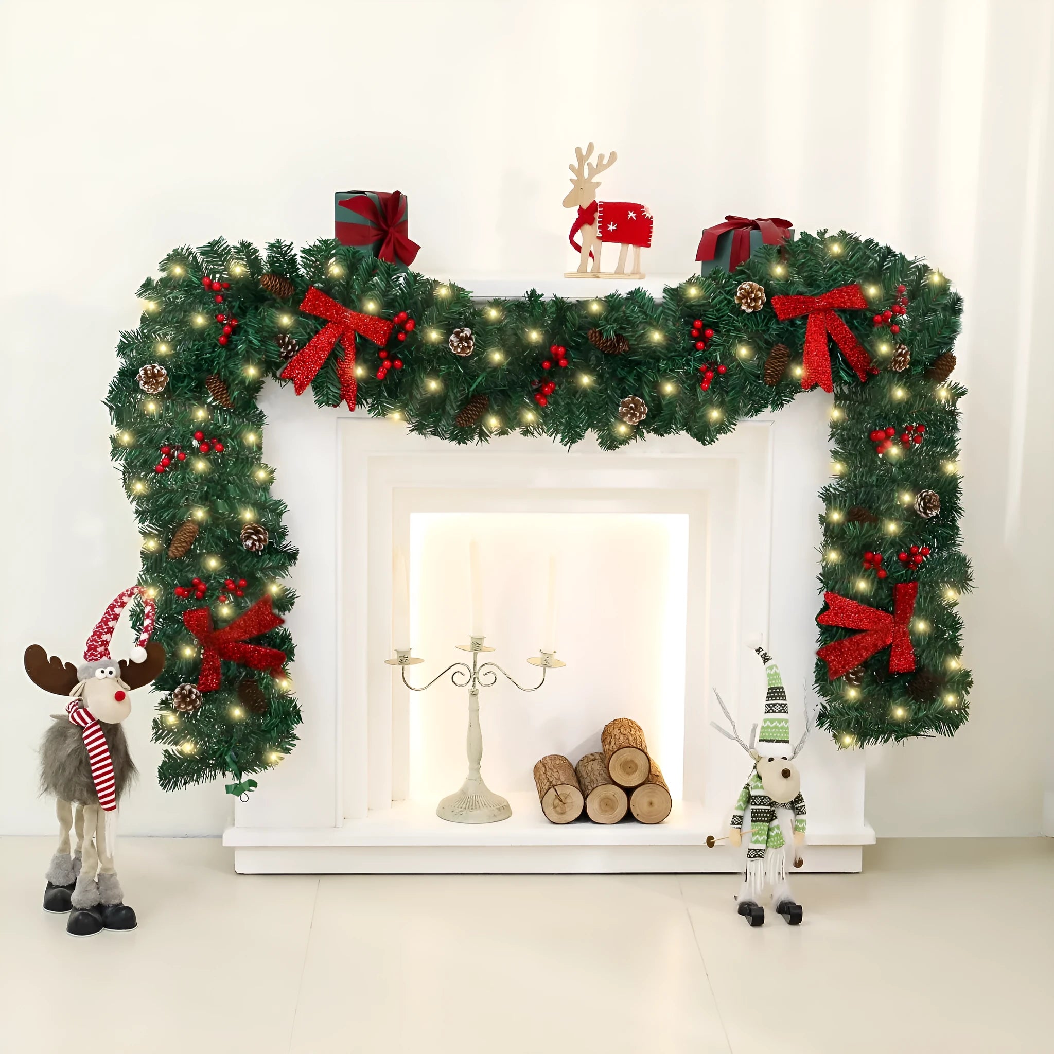 European style PVC Christmas cane decoration with rattan design, pine cones and decorative bow