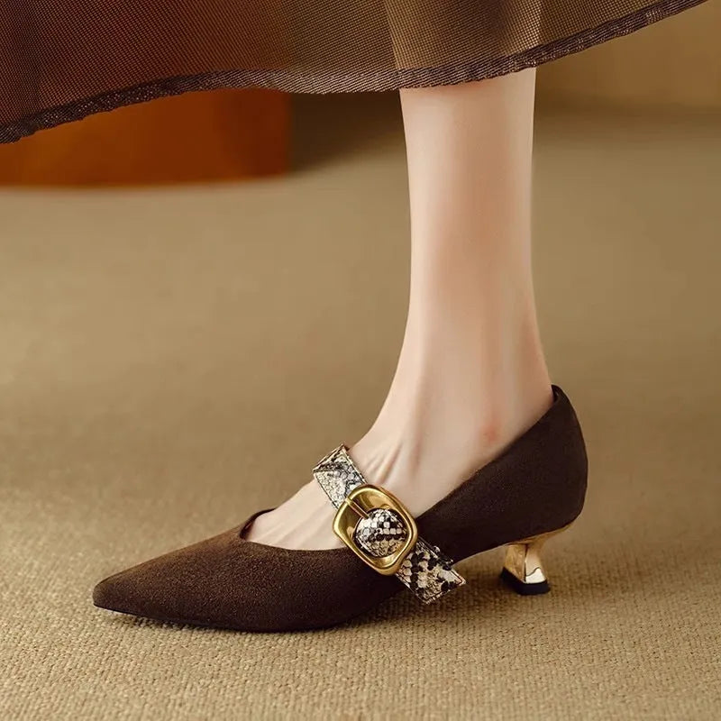 Women's black French pointed stiletto heels with buckle fastening and 3-5cm heel