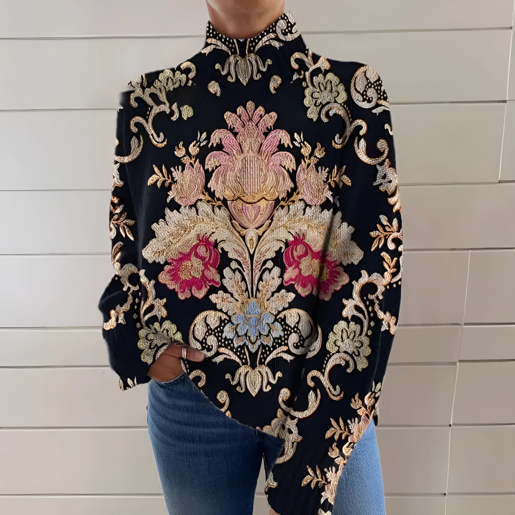 Black line 3D pattern printed turtleneck long sleeve sweater with loose fit