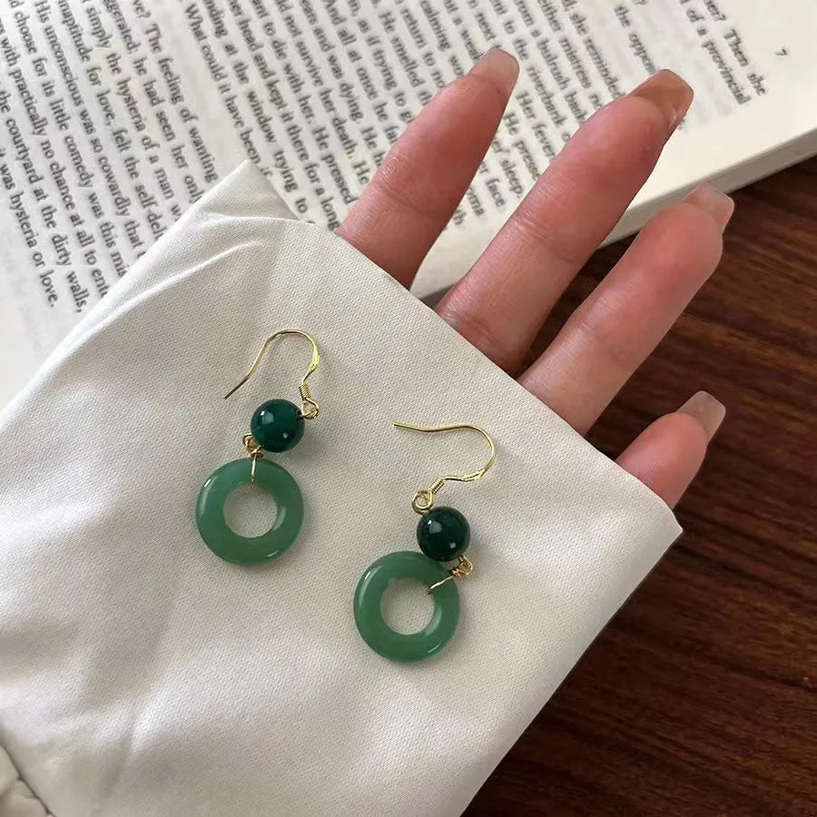 Green jade design peace buckle shape cheongsam earrings with zinc alloy construction